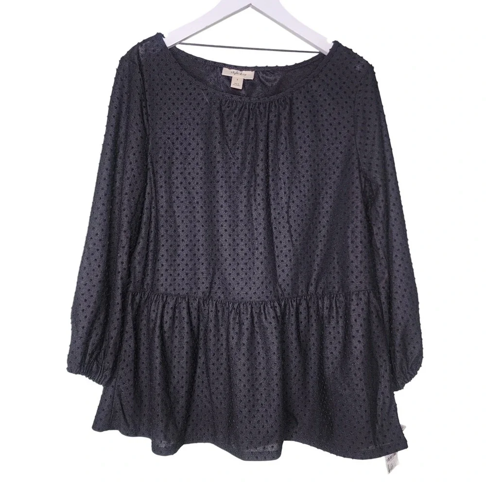 Style & Co Peplum Top S Black Swiss‎ Dot 3/4 Sleeves Semi Sheer Boho